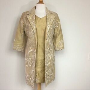 Yanagi Women's Metallic Gold Silk Floral Beaded Appliqué Dress + Jacket Size S